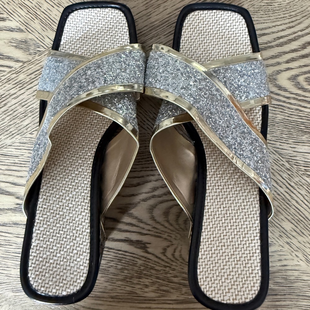 Silver Glitter Multi-Color Woven Wedge Sandals Y2K 90's Disco Square Toe Size 11 - Picture 3 of 9